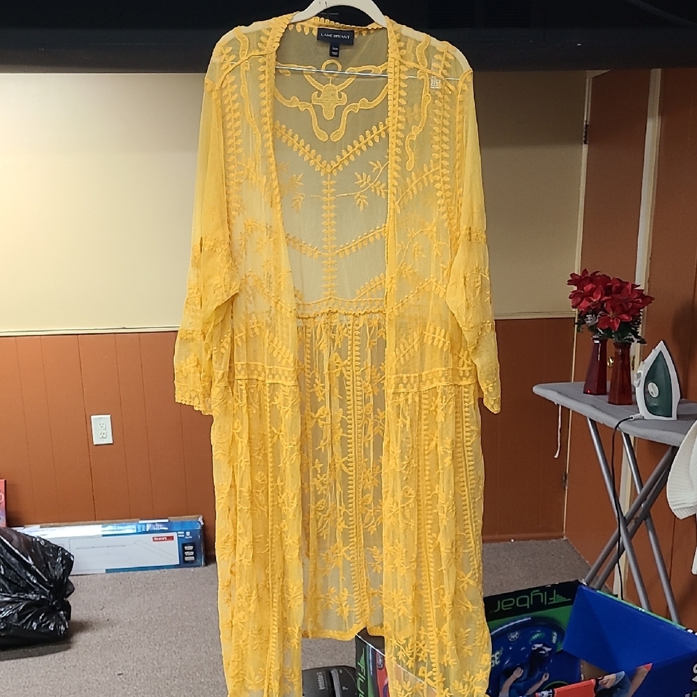 Lane Bryant Yellow Embroidered Sheer Kimono